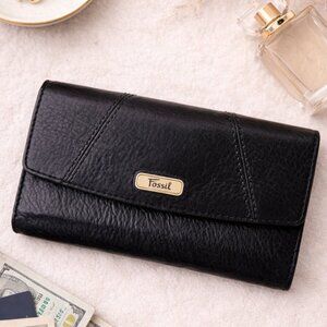 Fossil Black Leather Tri-Fold Clutch Wallet Organizer Card Holder